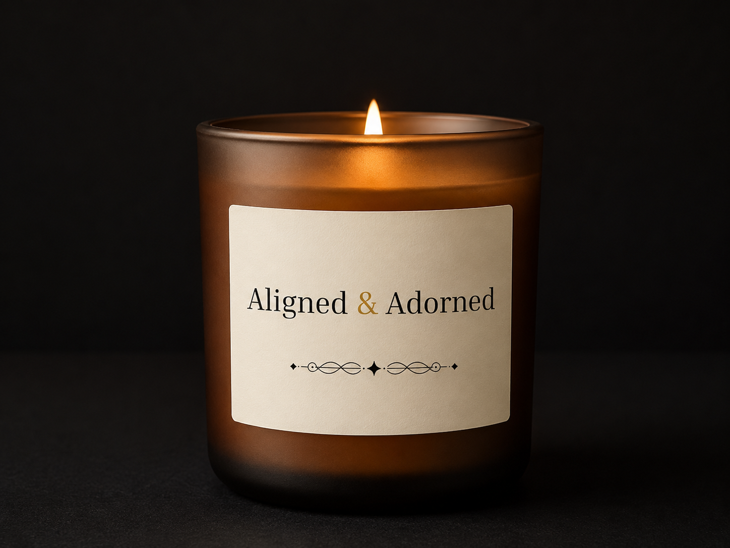 Candle with 'Aligned & Adorned' label on a dark background